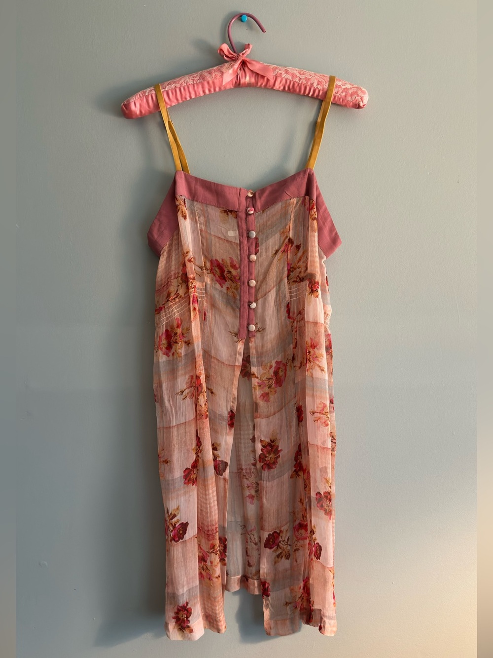 Anthropologie Sheer Floral Button-Front Chemise in Pink and Gold